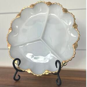 Vintage Fire King Divided Dish White with Gold Trim